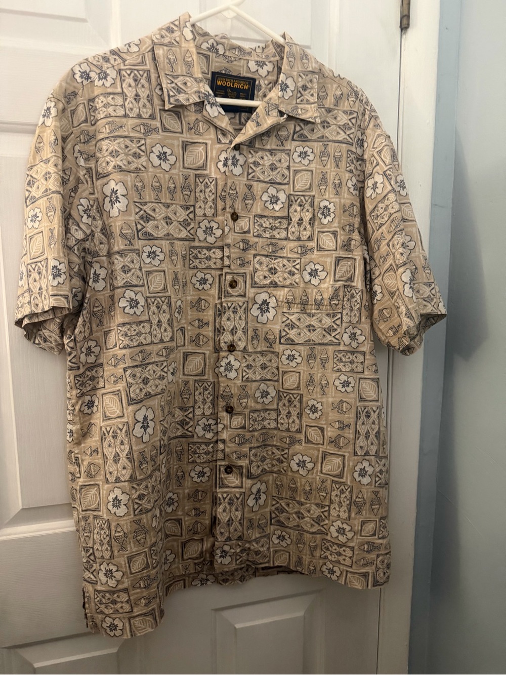 Woolrich Men’s Large Hawaiian Shirt Fish Floral Tropical Button Down